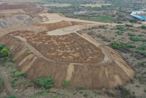 Topsoil spreading on OB dump, Panganga OC, WCL
